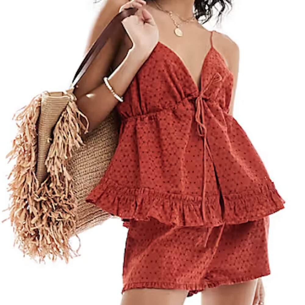 ASOS DESIGN broderie peplum ruffle cami top in terracotta, XS Top & Small Short